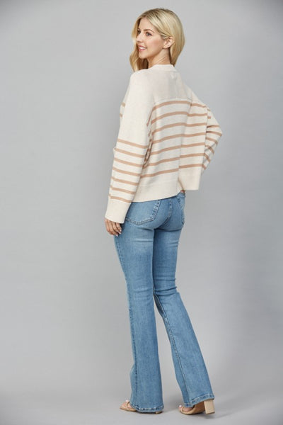FATE OATMEAL LATTE STRIPED FRONT POCKET BUTTON CARDIGAN