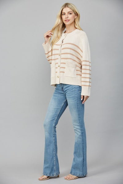 FATE OATMEAL LATTE STRIPED FRONT POCKET BUTTON CARDIGAN