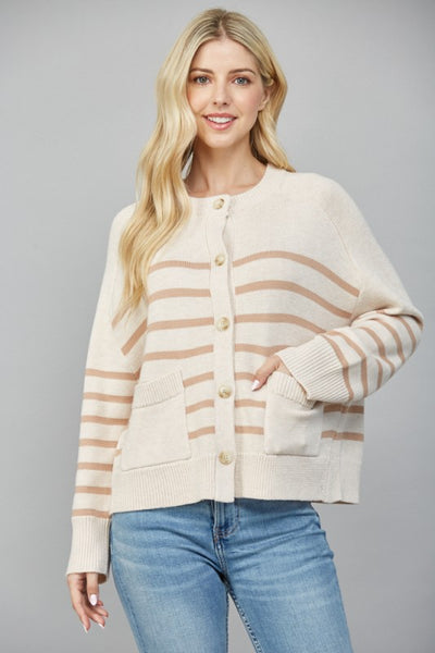 FATE OATMEAL LATTE STRIPED FRONT POCKET BUTTON CARDIGAN