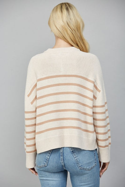 FATE OATMEAL LATTE STRIPED FRONT POCKET BUTTON CARDIGAN