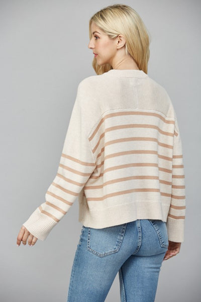 FATE OATMEAL LATTE STRIPED FRONT POCKET BUTTON CARDIGAN