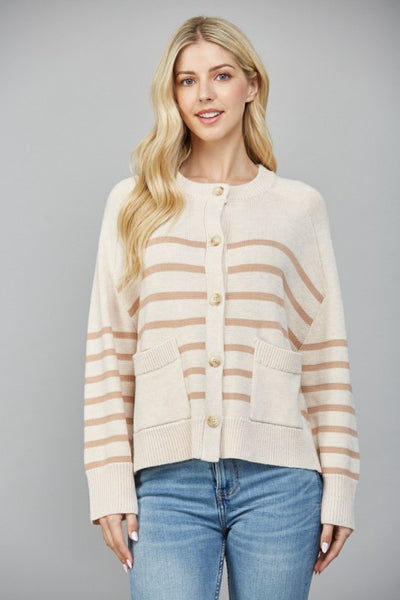 FATE OATMEAL LATTE STRIPED FRONT POCKET BUTTON CARDIGAN