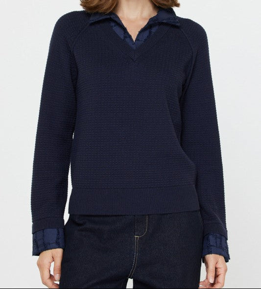 CURRENT AIR NAVY COLLARED WOVEN CONTRAST SWEATER