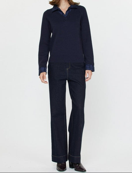 CURRENT AIR NAVY COLLARED WOVEN CONTRAST SWEATER