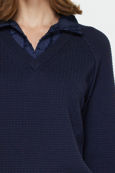 CURRENT AIR NAVY COLLARED WOVEN CONTRAST SWEATER