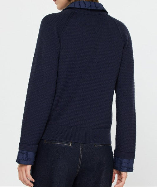 CURRENT AIR NAVY COLLARED WOVEN CONTRAST SWEATER