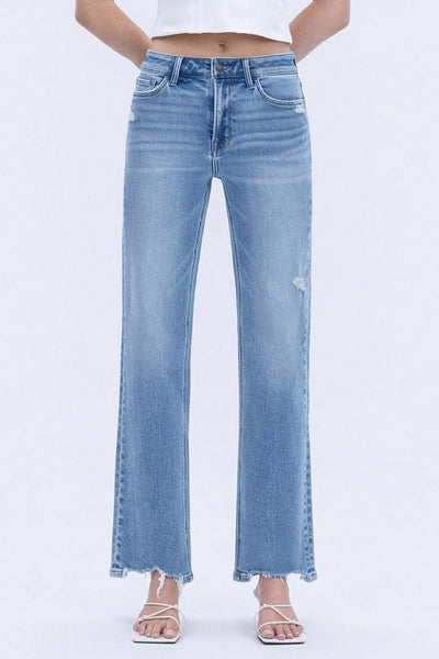 LOVERVET HIGH RISE DISTRESSED HEM SLIM WIDE JEANS GREER