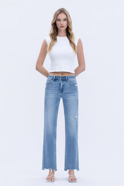 LOVERVET HIGH RISE DISTRESSED HEM SLIM WIDE JEANS GREER