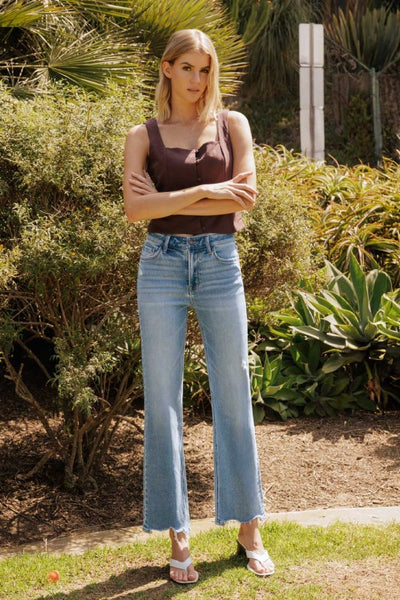 LOVERVET HIGH RISE DISTRESSED HEM SLIM WIDE JEANS GREER