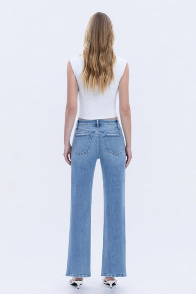 LOVERVET HIGH RISE DISTRESSED HEM SLIM WIDE JEANS GREER