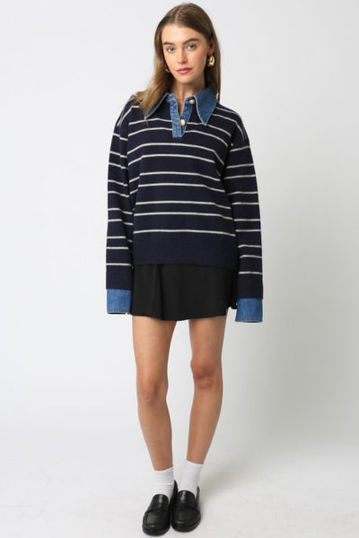 OLIVACEOUS NAVY STRIPED KNIT COLLARED BUTTON SWEATER