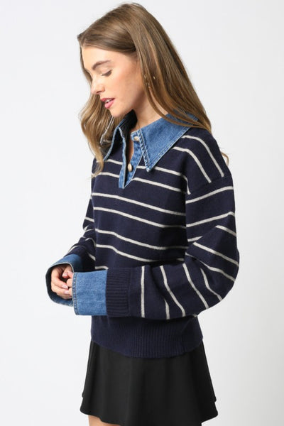 OLIVACEOUS NAVY STRIPED KNIT COLLARED BUTTON SWEATER