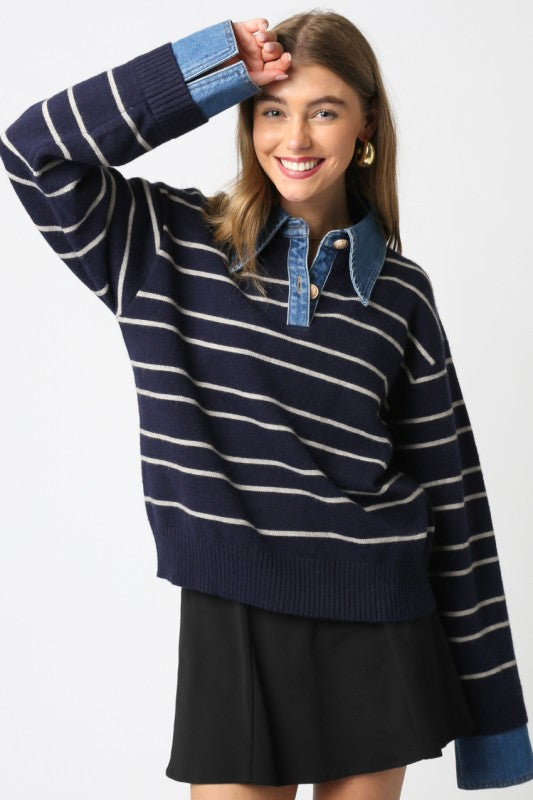 OLIVACEOUS NAVY STRIPED KNIT COLLARED BUTTON SWEATER