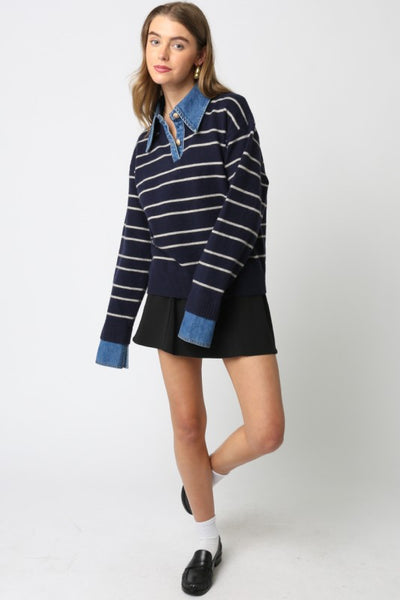 OLIVACEOUS NAVY STRIPED KNIT COLLARED BUTTON SWEATER