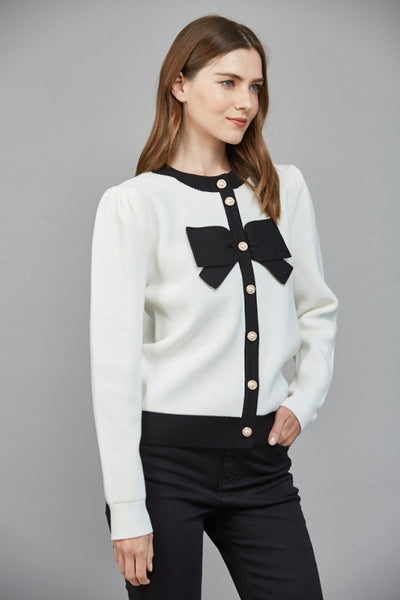 FATE CREAM BLACK BOW FRONT CARDIGAN
