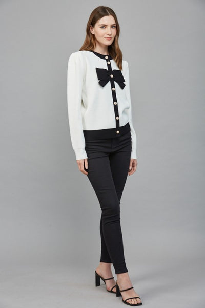 FATE CREAM BLACK BOW FRONT CARDIGAN