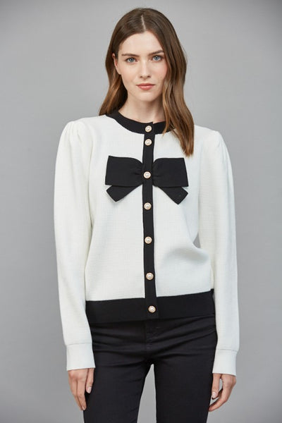 FATE CREAM BLACK BOW FRONT CARDIGAN