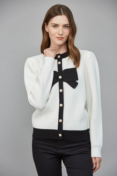 FATE CREAM BLACK BOW FRONT CARDIGAN