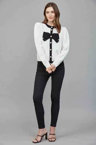 FATE CREAM BLACK BOW FRONT CARDIGAN