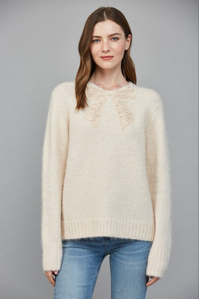 FATE LIGHT PINK JEWEL BOW FUZZY SWEATER