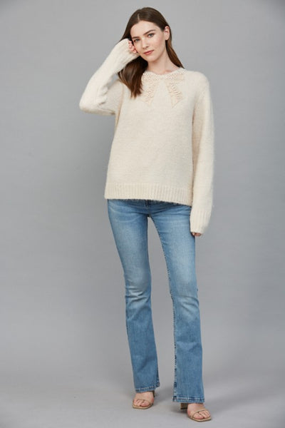 FATE LIGHT PINK JEWEL BOW FUZZY SWEATER