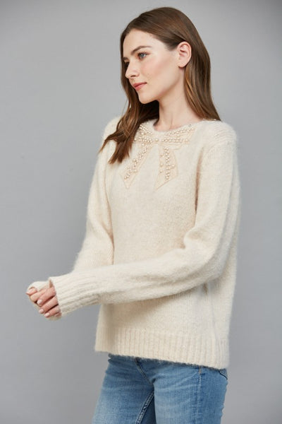 FATE LIGHT PINK JEWEL BOW FUZZY SWEATER