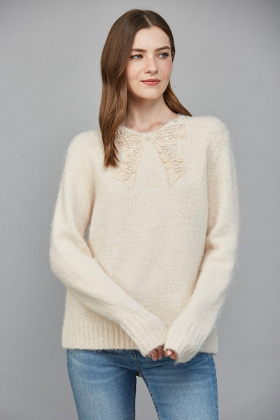 FATE LIGHT PINK JEWEL BOW FUZZY SWEATER