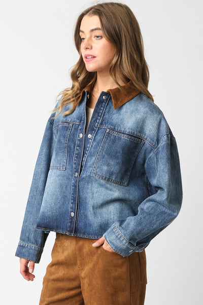OLIVACEOUS LEILA DENIM JACKET CONTRAST CAMEL SUEDE COLLAR