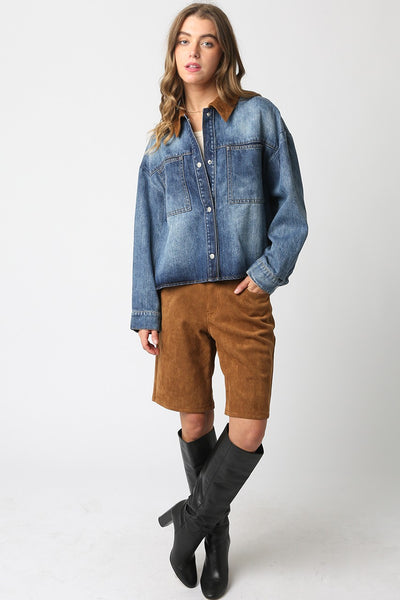 OLIVACEOUS LEILA DENIM JACKET CONTRAST CAMEL SUEDE COLLAR