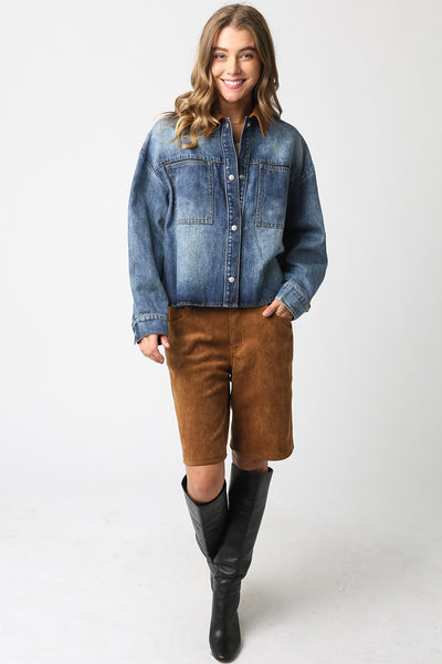 OLIVACEOUS LEILA DENIM JACKET CONTRAST CAMEL SUEDE COLLAR