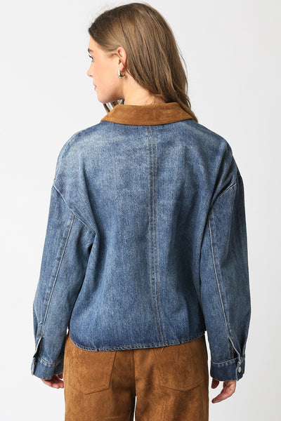 OLIVACEOUS LEILA DENIM JACKET CONTRAST CAMEL SUEDE COLLAR