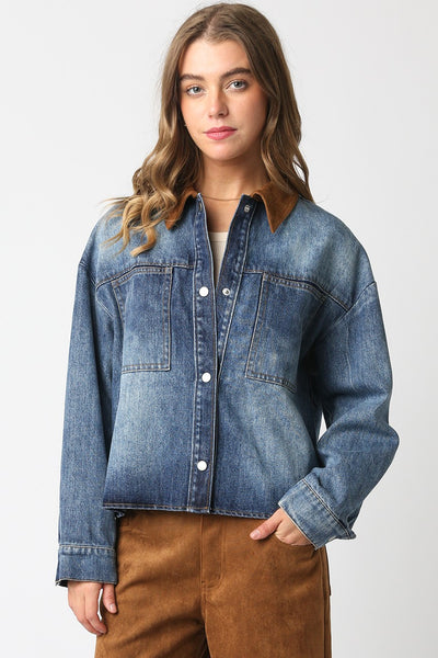 OLIVACEOUS LEILA DENIM JACKET CONTRAST CAMEL SUEDE COLLAR