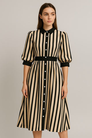 FATE IVORY BLACK SAND SATIN STRIPE BUTTON MIDI DRESS