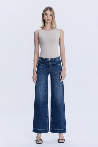 FLYING MONKEY HIGH RISE DARK TROUSER PATCH POCKET JEANS MELANIE