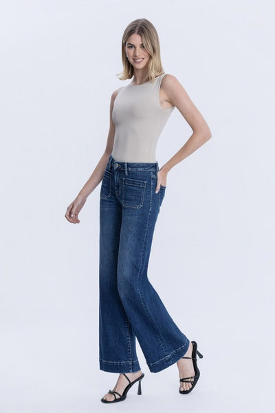 FLYING MONKEY HIGH RISE DARK TROUSER PATCH POCKET JEANS MELANIE