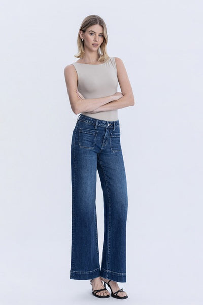 FLYING MONKEY HIGH RISE DARK TROUSER PATCH POCKET JEANS MELANIE