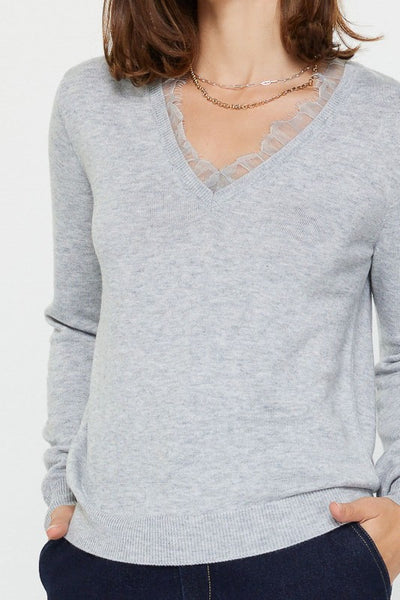 CURRENT AIR LACE TRIM SWEATER HEATHER GREY