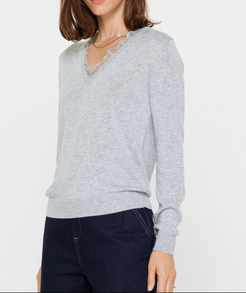 CURRENT AIR LACE TRIM SWEATER HEATHER GREY