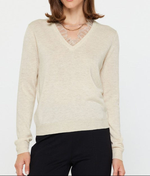CURRENT AIR LACE TRIM SWEATER IVORY
