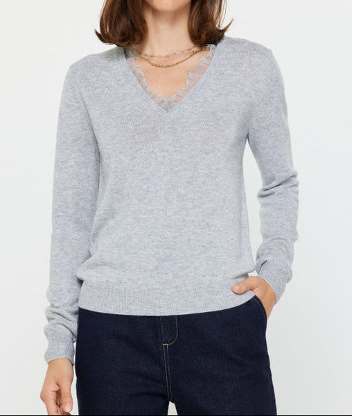 CURRENT AIR LACE TRIM SWEATER HEATHER GREY