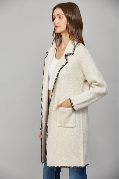 FATE OATMEAL WHIPSTITCH COLLARED CARDIGAN