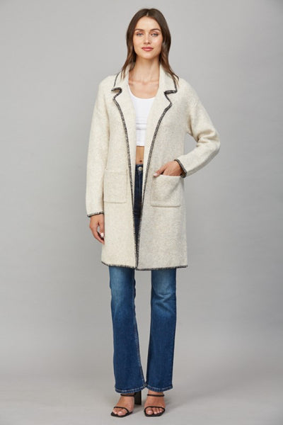 FATE OATMEAL WHIPSTITCH COLLARED CARDIGAN
