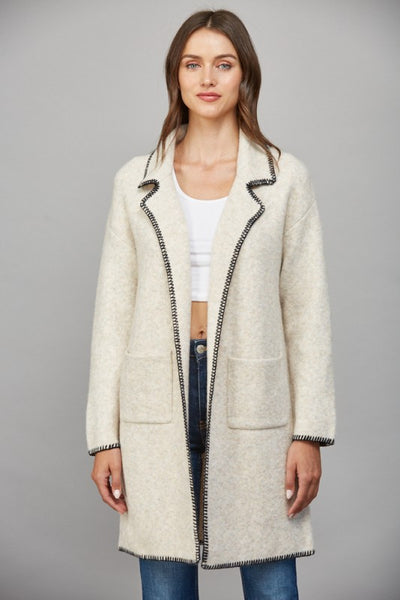 FATE OATMEAL WHIPSTITCH COLLARED CARDIGAN