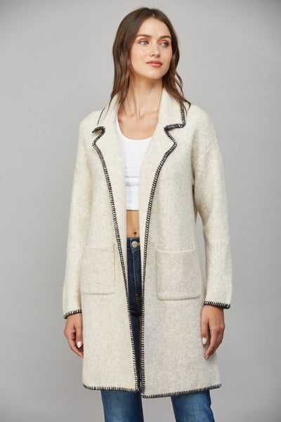 FATE OATMEAL WHIPSTITCH COLLARED CARDIGAN
