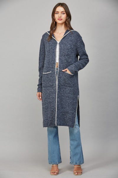 FATE DARK NAVY WHIPSTITCH HOODED CARDIGAN