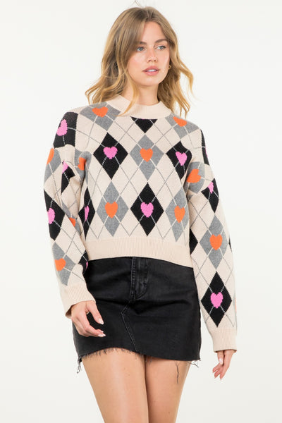 THML ARGYLE HEART PATTERN SWEATER