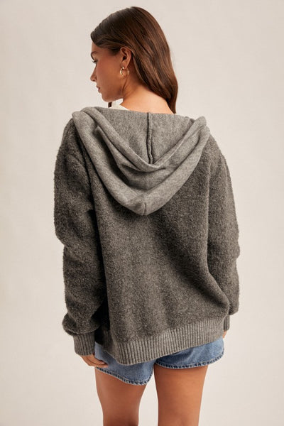 CHARCOAL BUTTON DOWN BOUCLE HOODED SWEATER