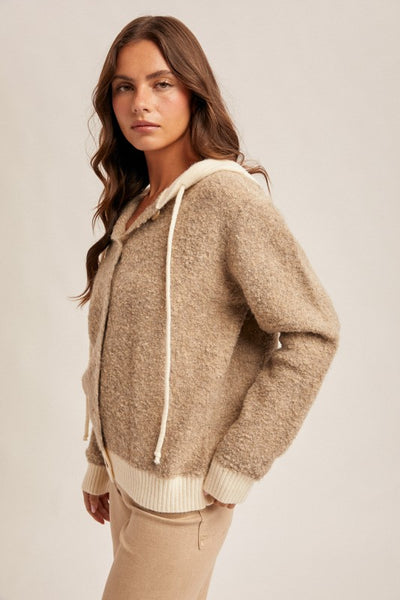 MOCHA BUTTON DOWN BOUCLE HOODED SWEATER