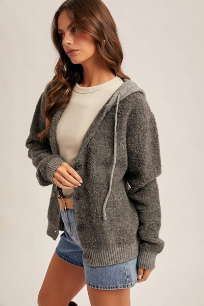 CHARCOAL BUTTON DOWN BOUCLE HOODED SWEATER