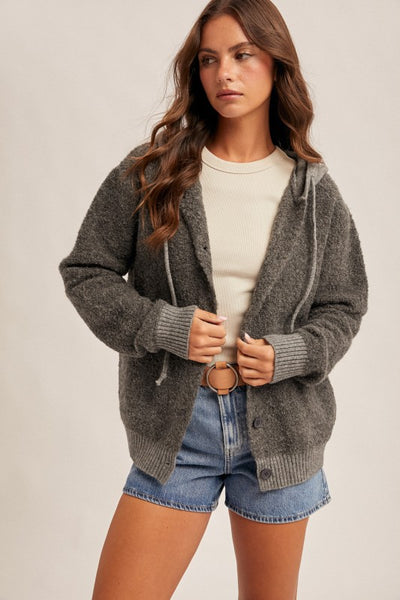 CHARCOAL BUTTON DOWN BOUCLE HOODED SWEATER